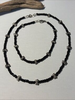 Black Beaded Necklace and Anklet Set with Silver Accents